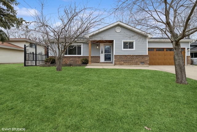 ranch-style home with a garage, driveway, brick siding, and a front lawn