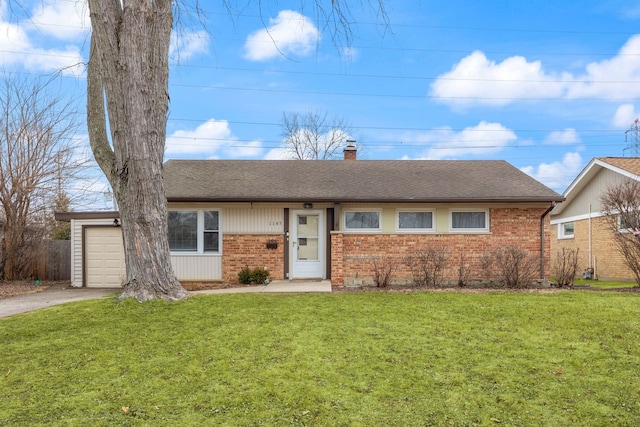 ranch-style house with aphalt driveway, a garage, brick siding, a chimney, and a front yard