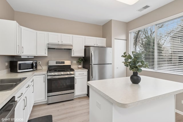 kitchen with appliances with stainless steel finishes, white cabinets, visible vents, and under cabinet range hood