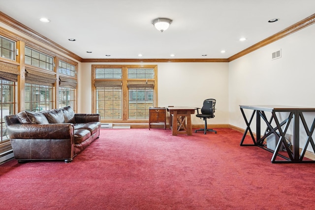 carpeted home office with ornamental molding, recessed lighting, visible vents, and baseboards