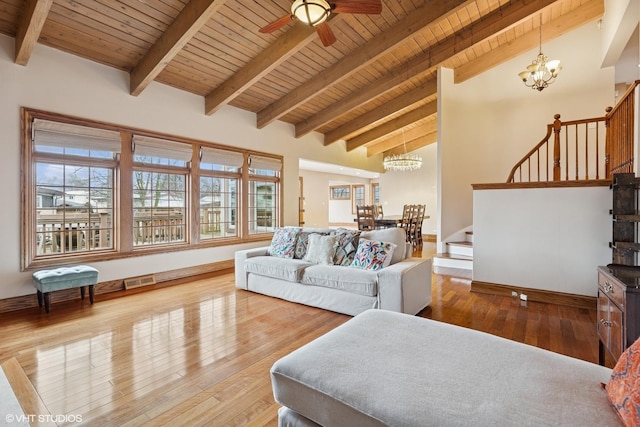 living room with wooden ceiling, wood-type flooring, stairs, high vaulted ceiling, and ceiling fan with notable chandelier