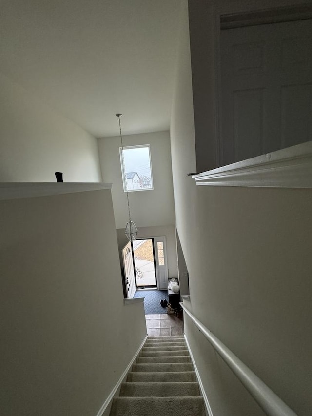 stairs featuring baseboards, a towering ceiling, and carpet flooring