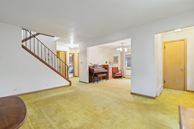 living room featuring a baseboard radiator, a notable chandelier, baseboards, stairs, and carpet