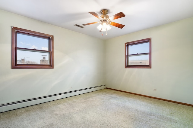 carpeted spare room with a baseboard radiator, visible vents, ceiling fan, and baseboards