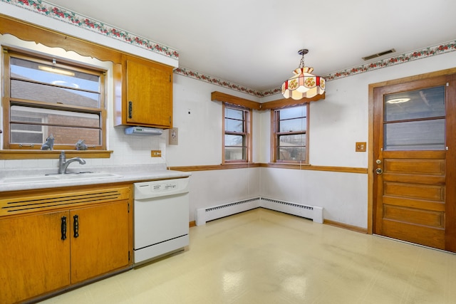 kitchen with light floors, light countertops, a baseboard heating unit, a sink, and dishwasher