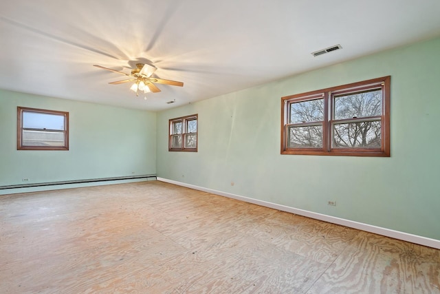 empty room featuring a ceiling fan, a baseboard radiator, visible vents, and baseboards