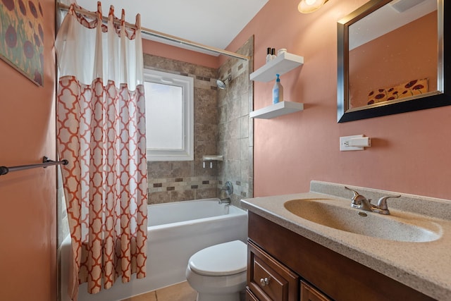 bathroom with toilet, shower / bath combo with shower curtain, and vanity