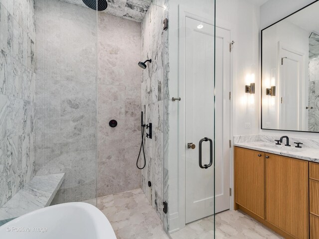 2832 N Racine Ave Unit 1E, Chicago, IL 60657 - bathroom featuring marble finish floors, a shower stall, and a soaking tub