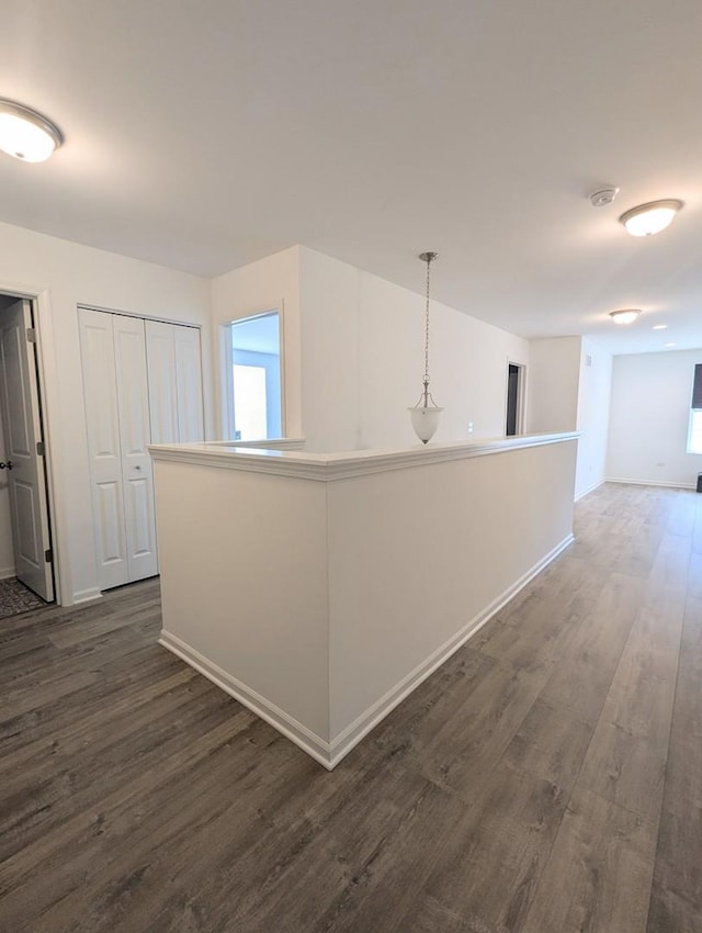 hall with baseboards and dark wood-type flooring