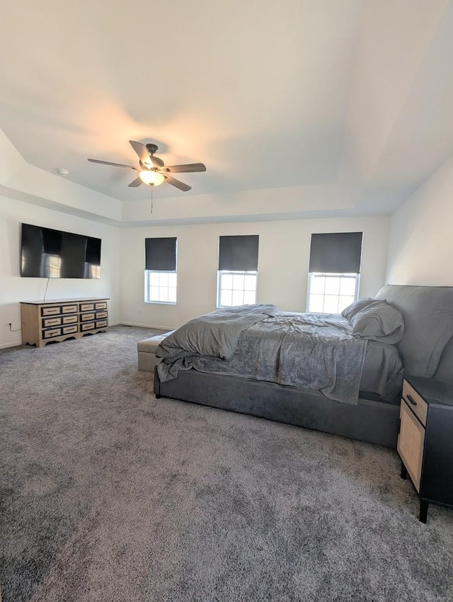 carpeted bedroom featuring a raised ceiling and a ceiling fan