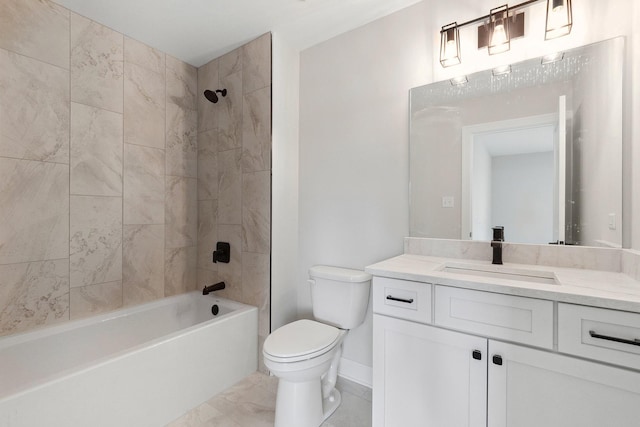 bathroom with shower / bathing tub combination, vanity, toilet, and baseboards