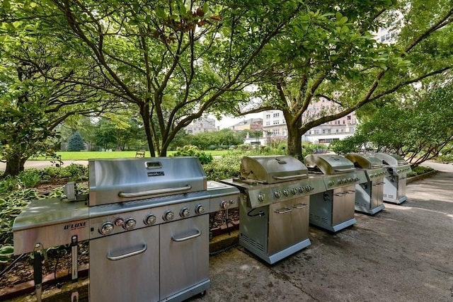 view of patio featuring a grill