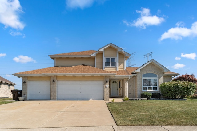 traditional-style house featuring a garage, brick siding, concrete driveway, roof with shingles, and a front lawn