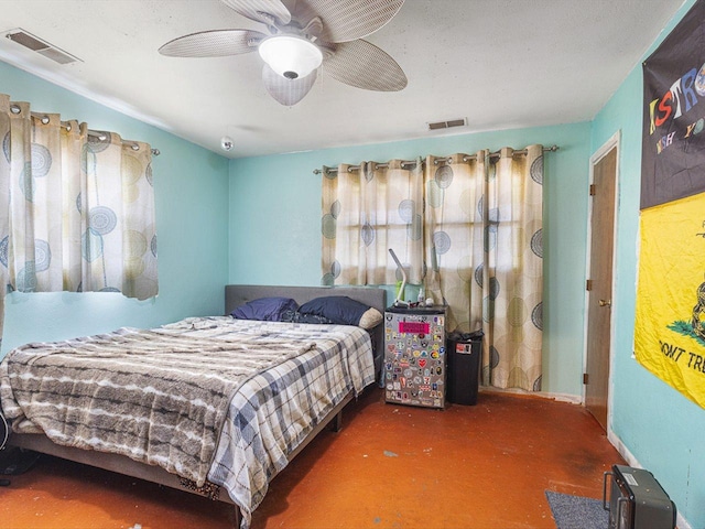 bedroom featuring visible vents and ceiling fan