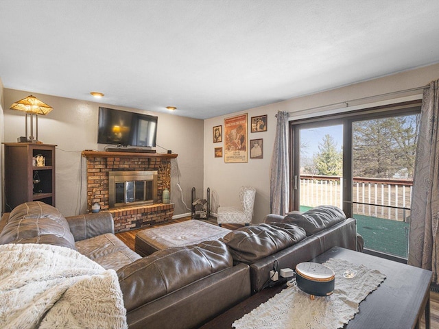 living area featuring wood finished floors and a fireplace