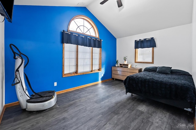 bedroom featuring baseboards, wood finished floors, a ceiling fan, and vaulted ceiling