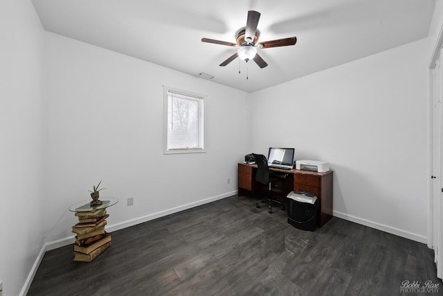 home office with dark wood-type flooring, baseboards, visible vents, and ceiling fan