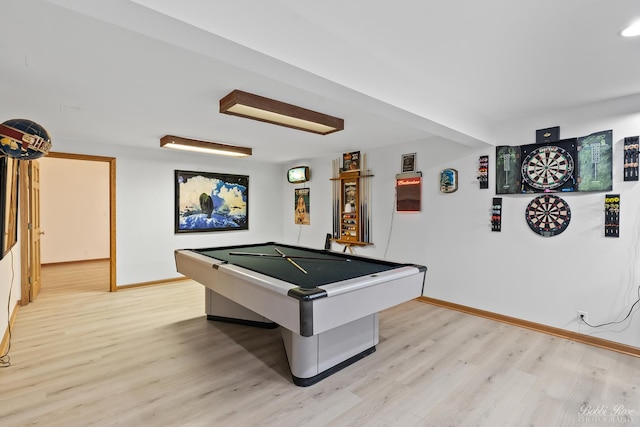 rec room featuring pool table, light wood-style floors, and baseboards