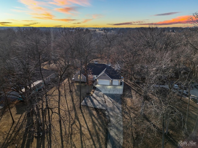 drone / aerial view featuring a view of trees