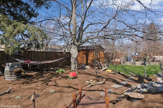 view of yard with a fenced backyard and an outdoor structure