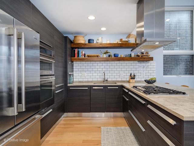 kitchen with modern cabinets, island exhaust hood, stainless steel appliances, and a sink