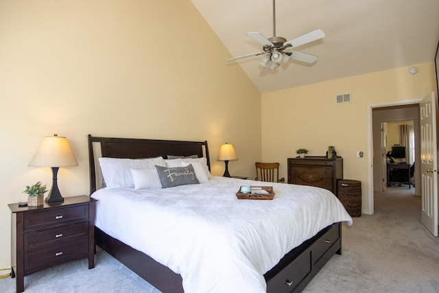 bedroom featuring light carpet, high vaulted ceiling, ceiling fan, and visible vents