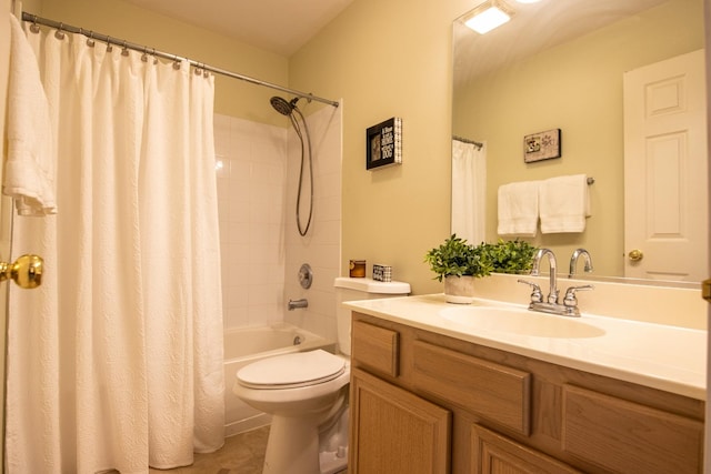 full bath with shower / bath combo, vanity, toilet, and tile patterned floors