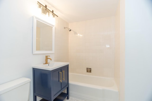 full bath with shower / bathtub combination, vanity, and toilet