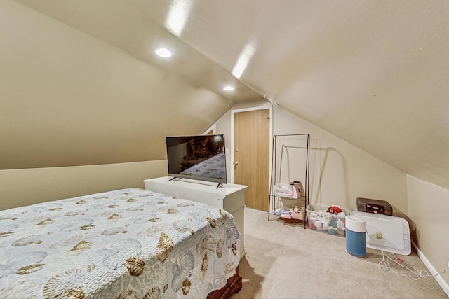 carpeted bedroom with vaulted ceiling, baseboards, and recessed lighting