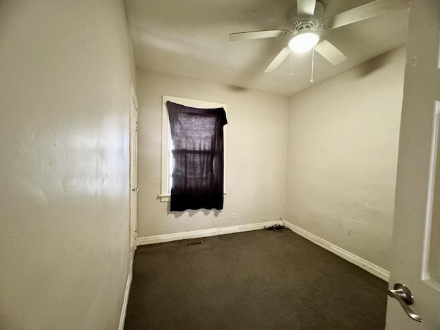 unfurnished room featuring visible vents, ceiling fan, and baseboards