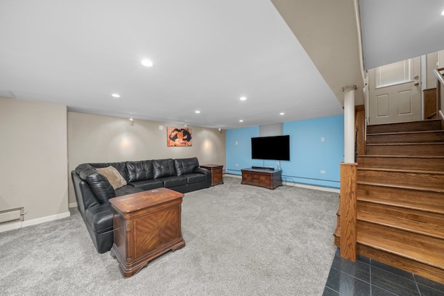 carpeted living area with a baseboard radiator, recessed lighting, baseboards, stairway, and baseboard heating