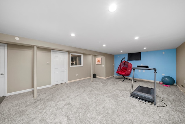 workout area with carpet floors, baseboards, and recessed lighting