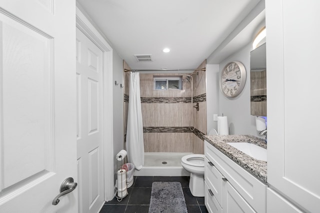 full bath with visible vents, toilet, a shower stall, vanity, and tile patterned floors