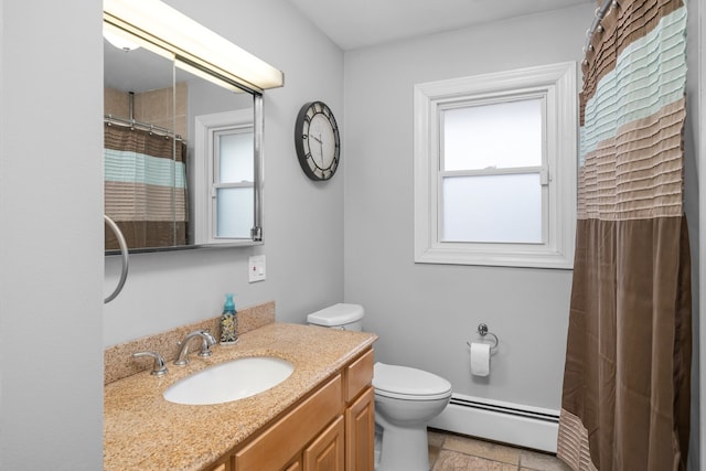 bathroom with a baseboard heating unit, toilet, vanity, and a shower with curtain