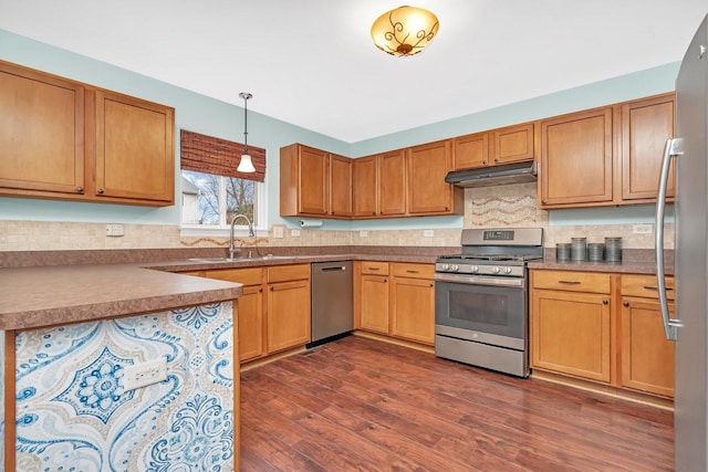 kitchen with hanging light fixtures, appliances with stainless steel finishes, dark wood-type flooring, a sink, and under cabinet range hood