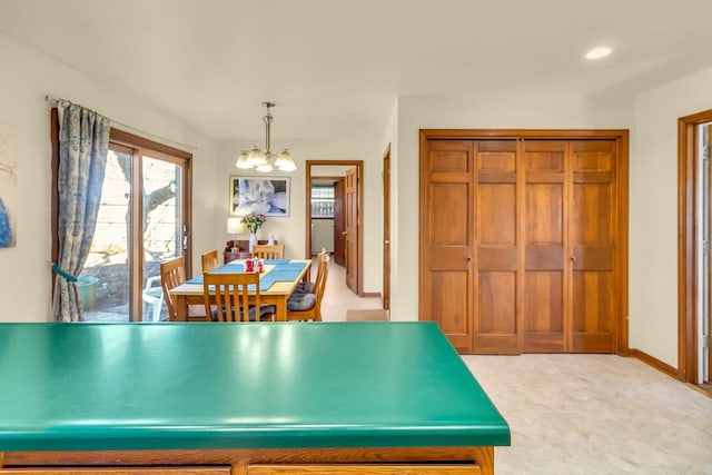 playroom featuring a chandelier, recessed lighting, carpet flooring, and baseboards