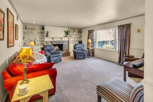 living room with carpet, a fireplace, crown molding, and recessed lighting