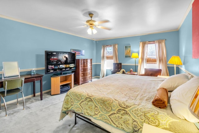 bedroom featuring ornamental molding, carpet, a ceiling fan, and baseboards