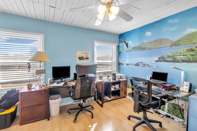 office space featuring ceiling fan and wood finished floors