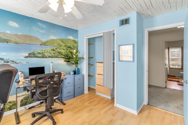 home office featuring wood ceiling, visible vents, ceiling fan, and wood finished floors