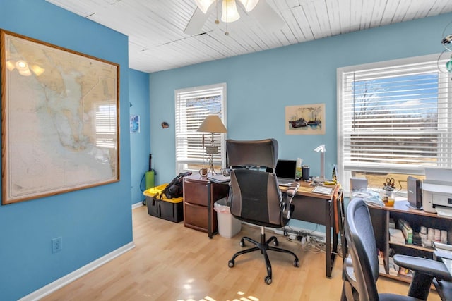 home office with wooden ceiling, baseboards, a ceiling fan, and wood finished floors