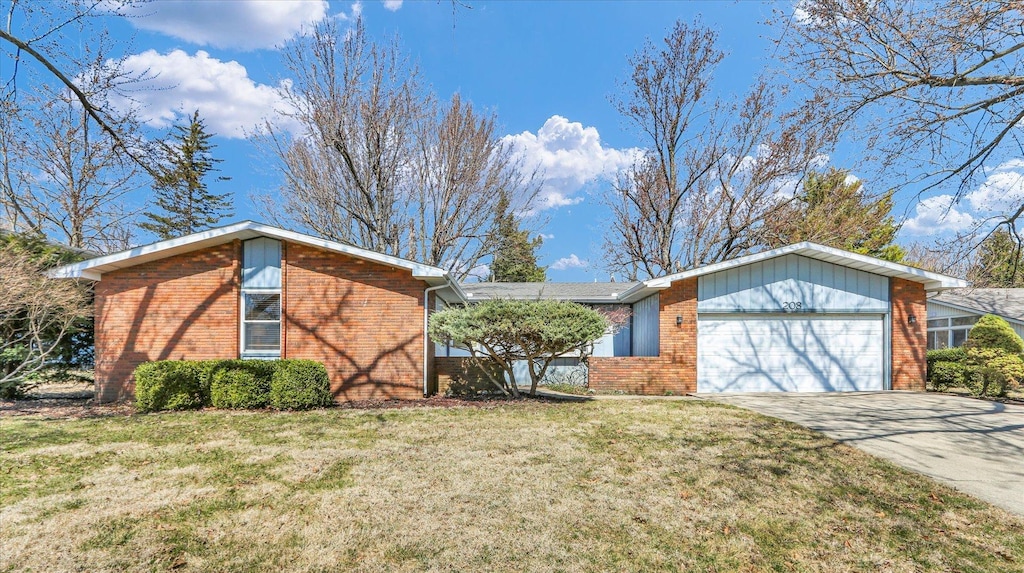mid-century modern home featuring concrete driveway, an attached garage, brick siding, and a front lawn