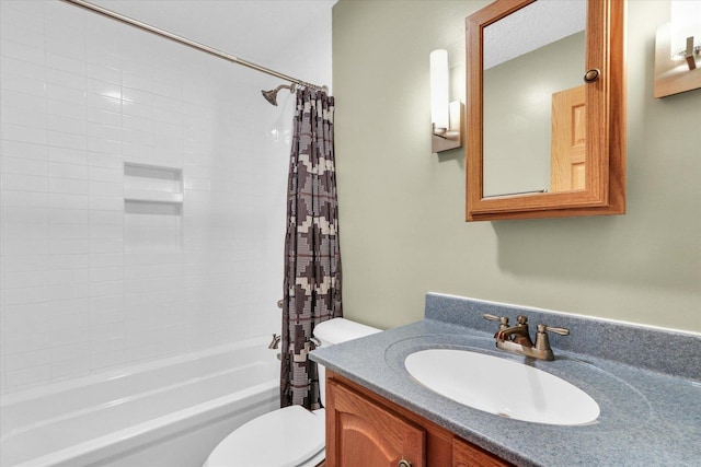 full bath with toilet, vanity, and shower / bath combination with curtain