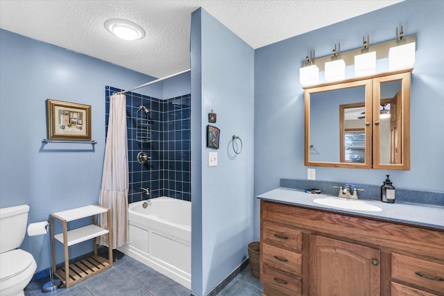 full bath with tile patterned flooring, vanity, toilet, and shower / bathtub combination with curtain