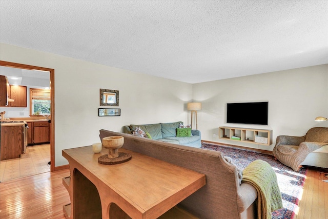 living room featuring light wood-style floors and a textured ceiling