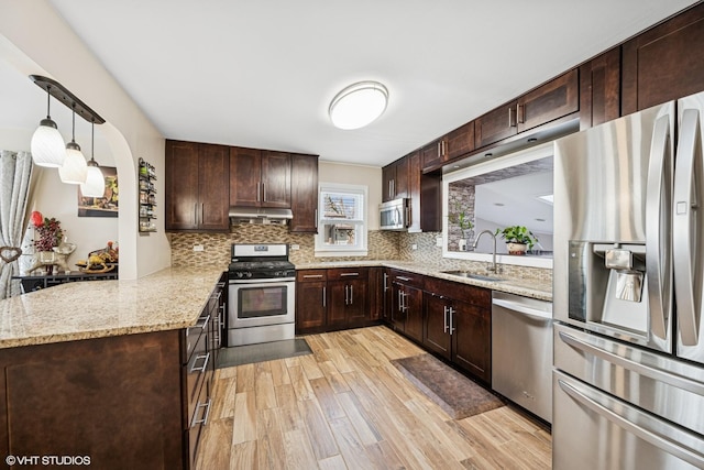 kitchen with a sink, stainless steel appliances, tasteful backsplash, and under cabinet range hood