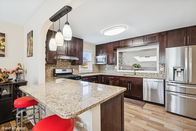 kitchen featuring under cabinet range hood, a sink, tasteful backsplash, appliances with stainless steel finishes, and a peninsula