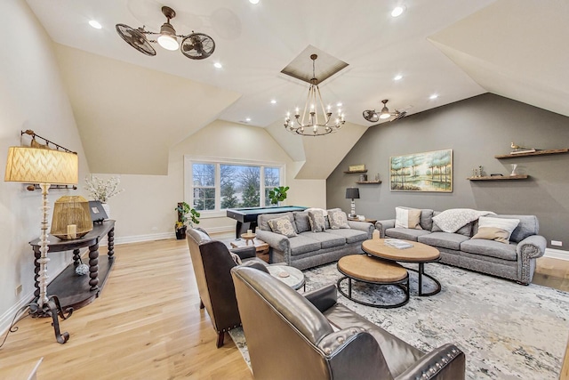 living area featuring vaulted ceiling, light wood-type flooring, billiards, and a ceiling fan