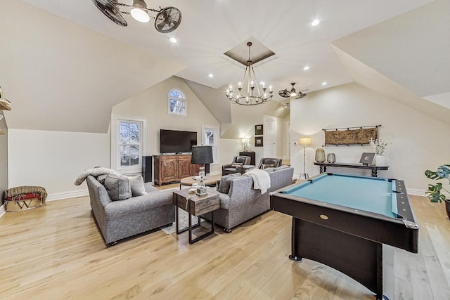 recreation room with recessed lighting, light wood-style floors, vaulted ceiling, billiards, and baseboards