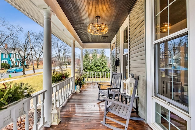 wooden terrace featuring covered porch